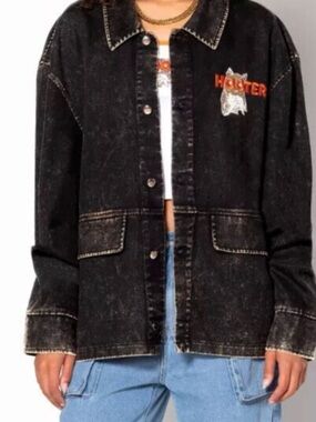Spencer's Black Washed Denim Jacket with Orange Accent Patch